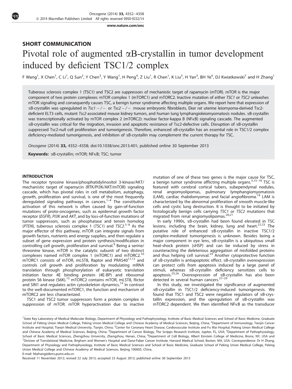 B-Crystallin in Tumor Development Induced by Deficient TSC1&Sol
