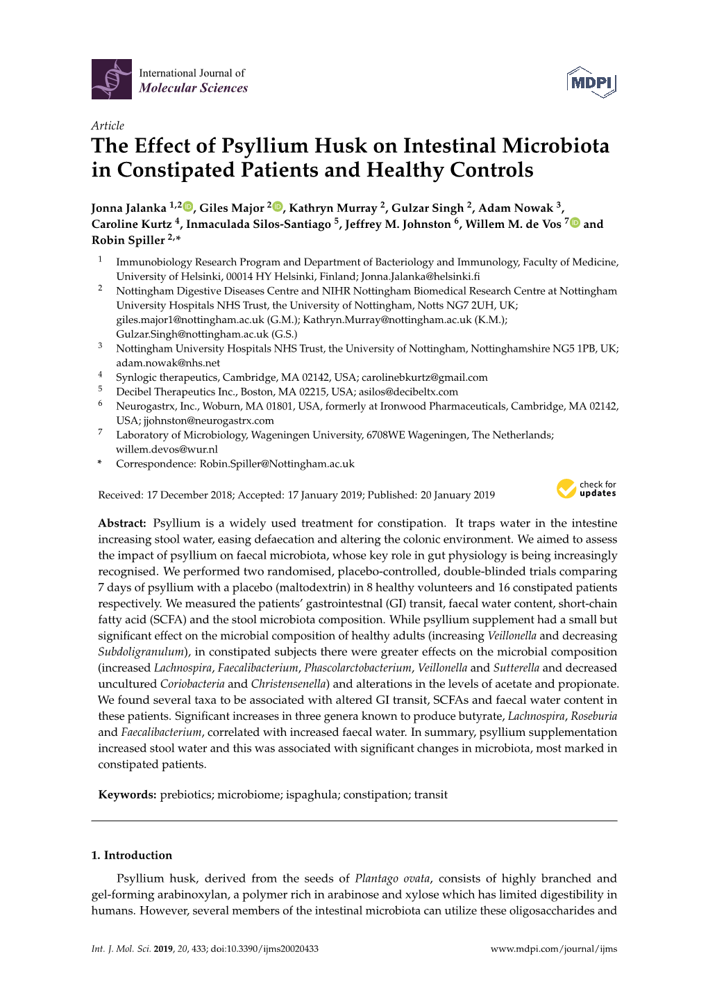 The Effect of Psyllium Husk on Intestinal Microbiota in Constipated Patients and Healthy Controls