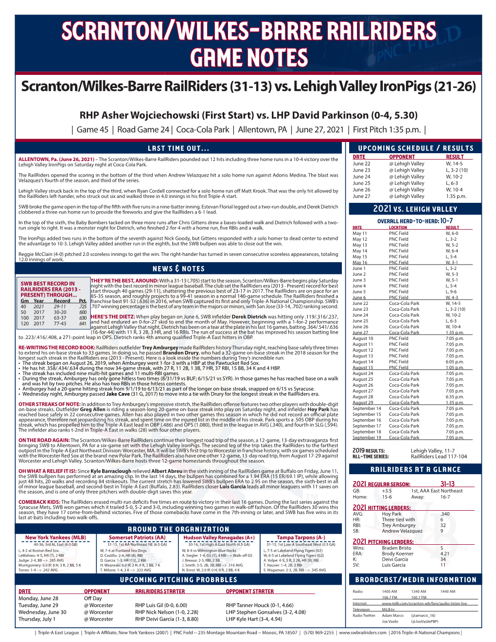 Scranton/Wilkes-Barre Railriders Game Notes Scranton/Wilkes-Barre Railriders (31-13) Vs