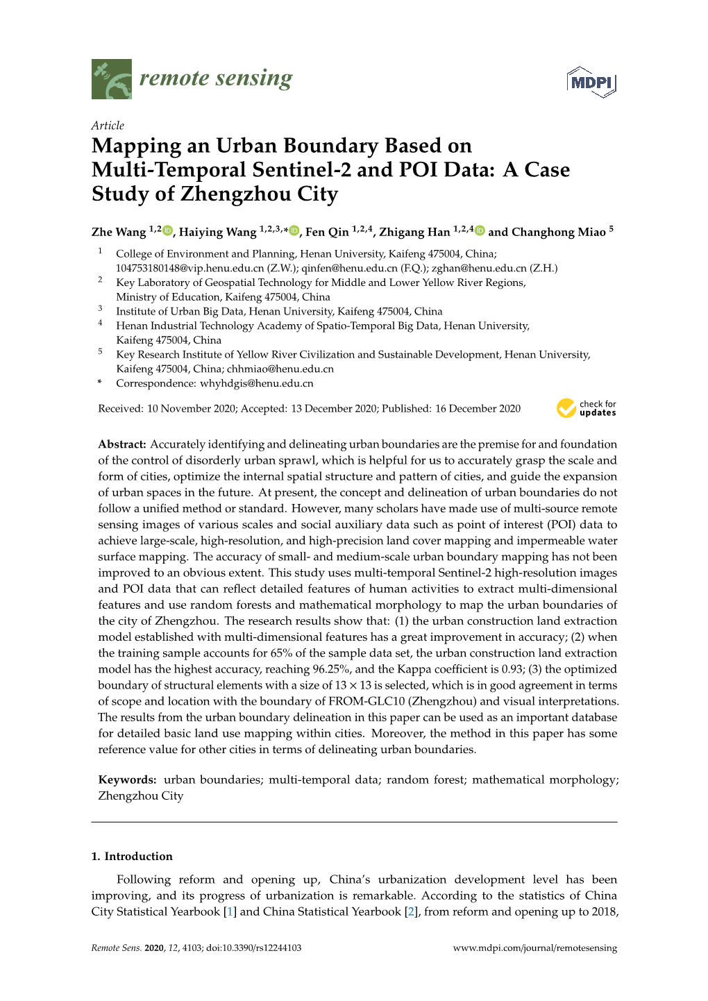 Mapping an Urban Boundary Based on Multi-Temporal Sentinel-2 and POI Data: a Case Study of Zhengzhou City