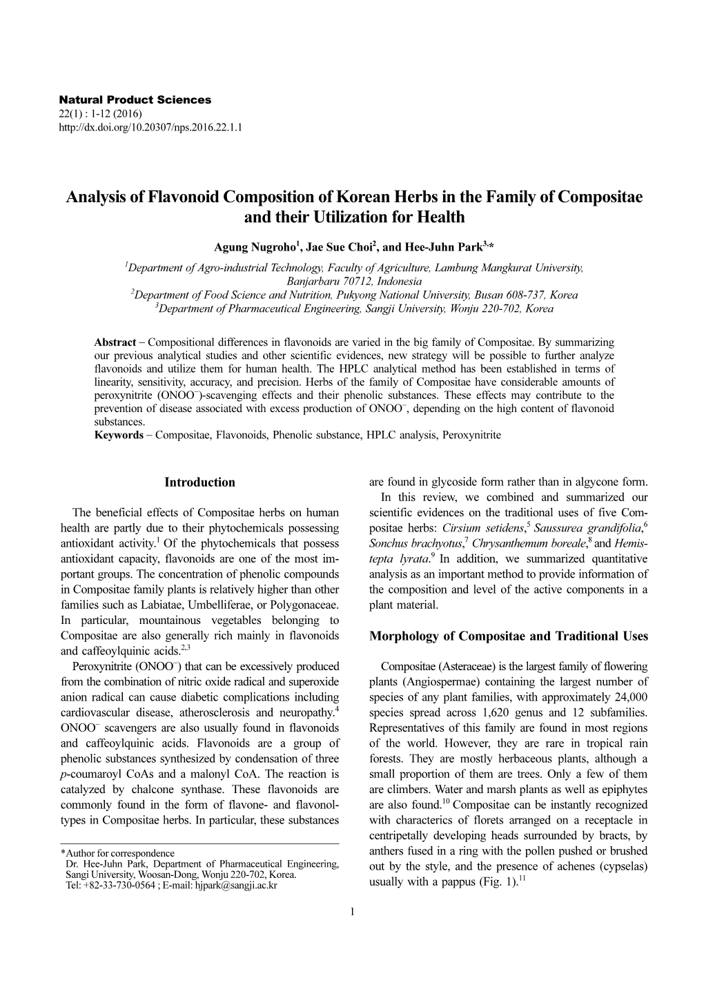 Analysis of Flavonoid Composition of Korean Herbs in the Family of Compositae and Their Utilization for Health