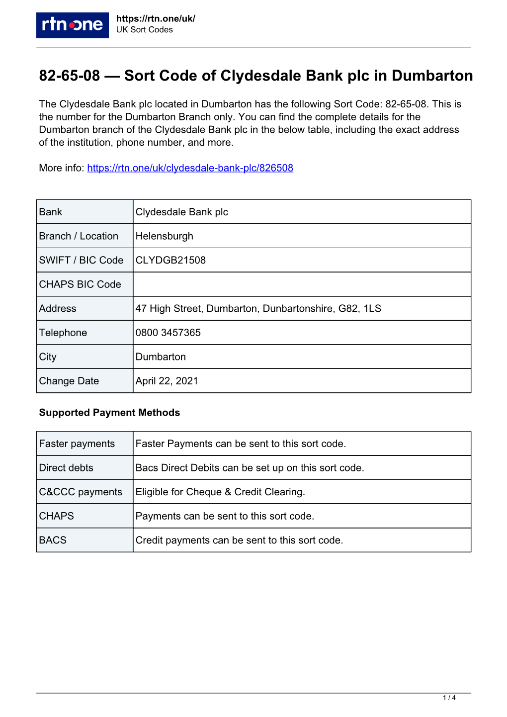 Sort Code 826508 of Clydesdale Bank Plc in Dumbarton