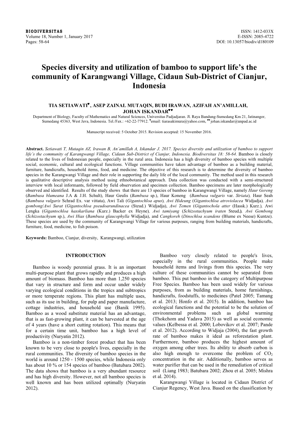 Species Diversity and Utilization of Bamboo to Support Life's the Community of Karangwangi Village, Cidaun Sub-District Of