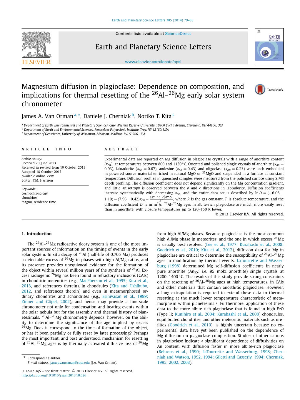 Magnesium Diffusion in Plagioclase: Dependence on Composition, and Implications for Thermal Resetting of the 26Al–26Mg Early Solar System Chronometer ∗ James A