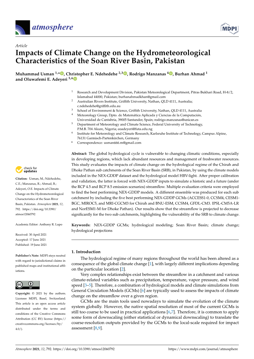 Impacts of Climate Change on the Hydrometeorological Characteristics of the Soan River Basin, Pakistan