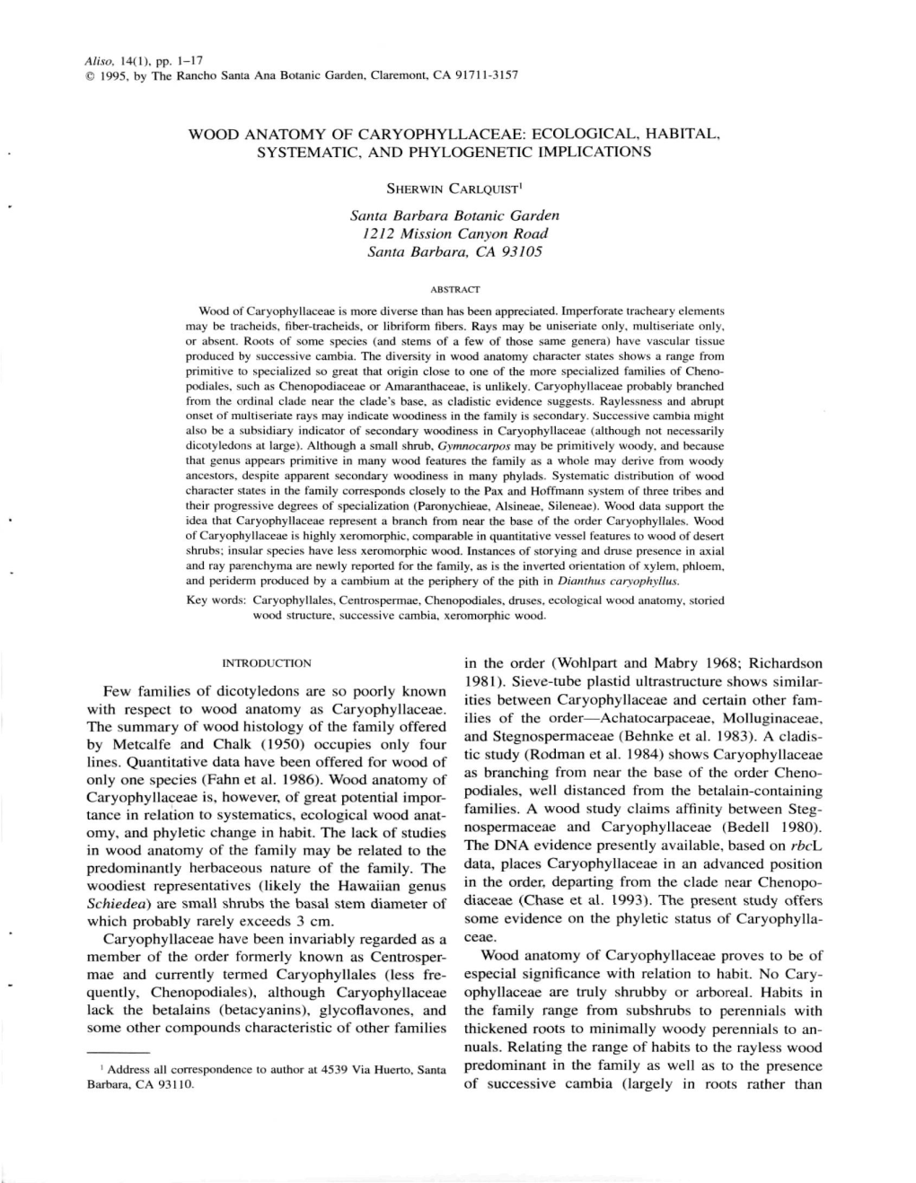 Wood Anatomy of Caryophyllaceae: Ecological, Habital