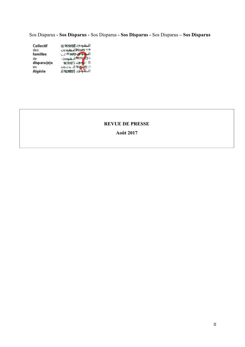 Sos Disparus REVUE DE PRESSE Août 2017