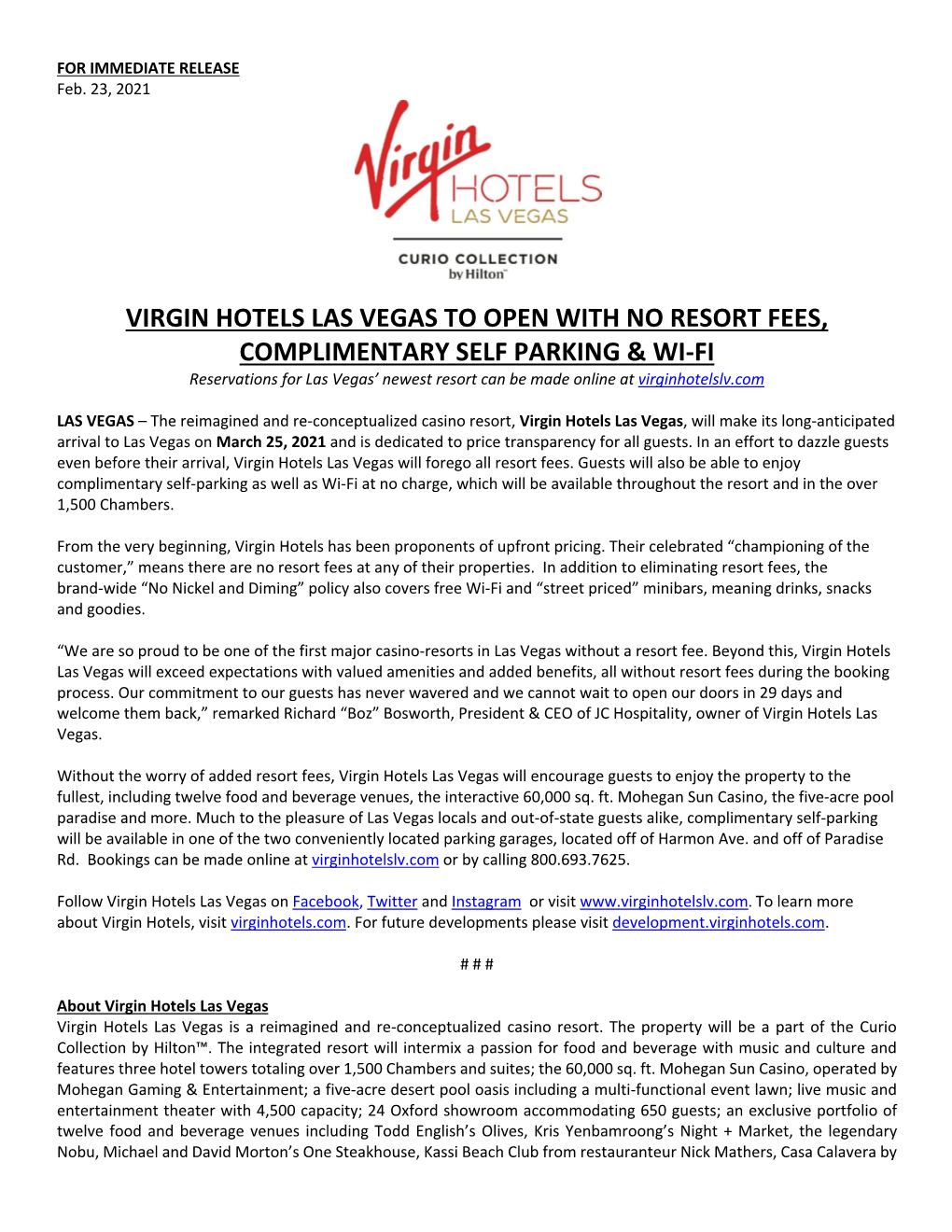 Virgin Hotels Las Vegas to Open with No Resort Fees