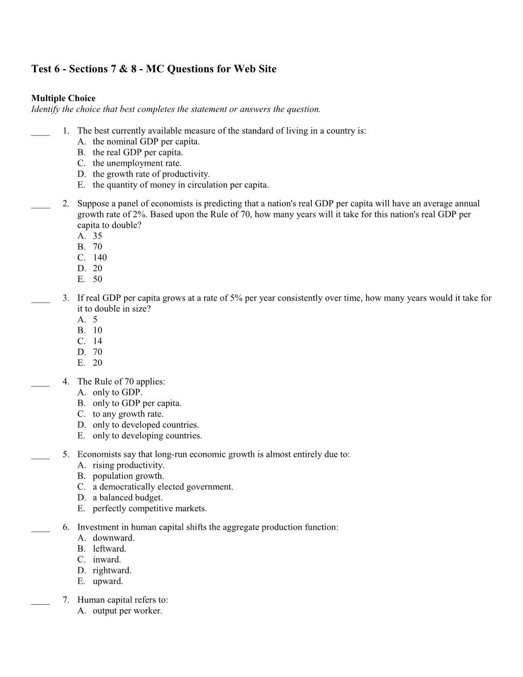 Test 6 - Sections 7 & 8 - MC Questions for Web Site