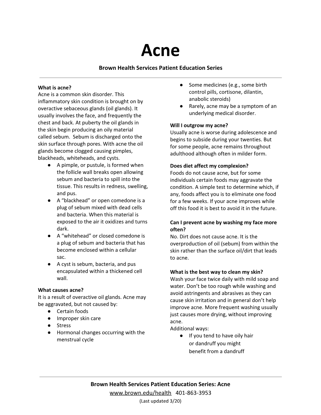 Acne Brown Health Services Patient Education Series