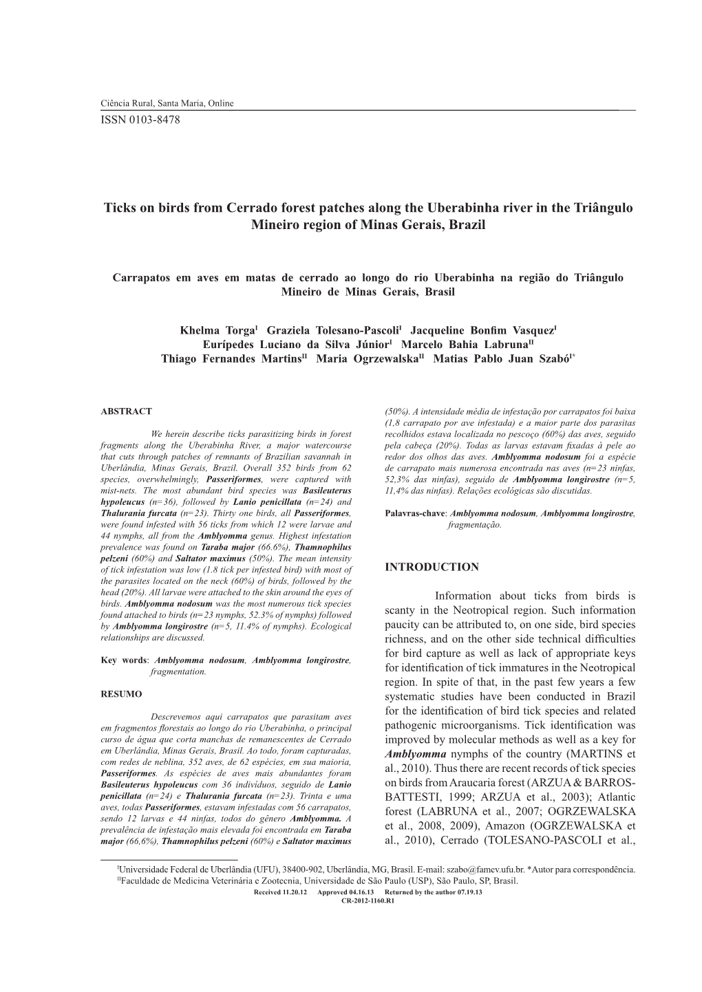 Ticks on Birds from Cerrado Forest Patches Along the Uberabinha River in the Triângulo Mineiro Region of Minas Gerais, Brazil