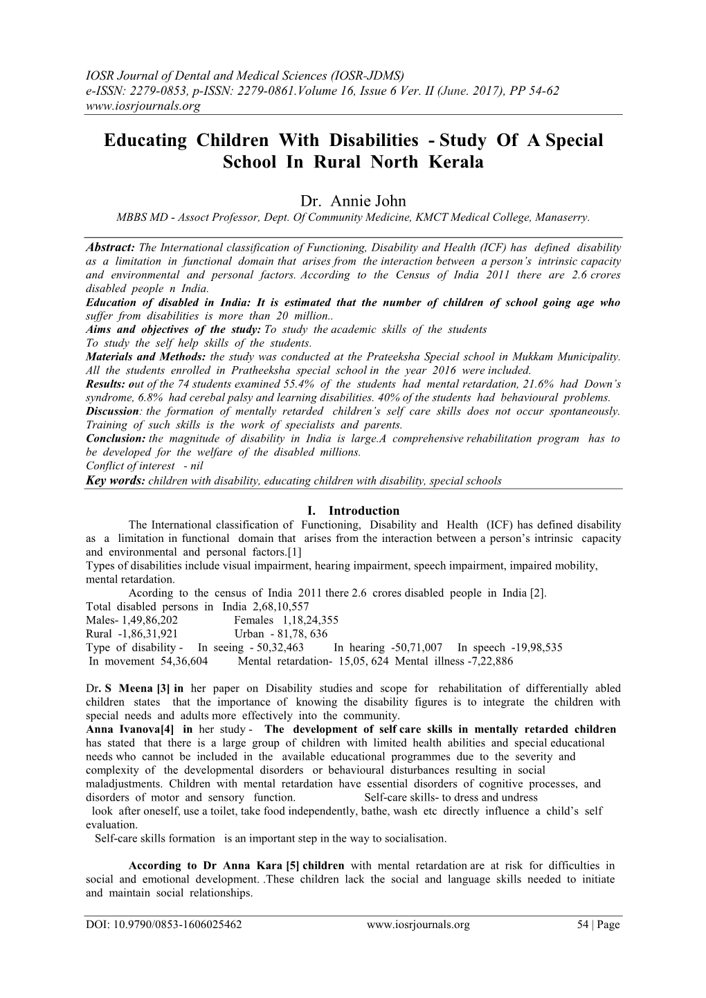 Educating Children with Disabilities - Study of a Special School in Rural North Kerala