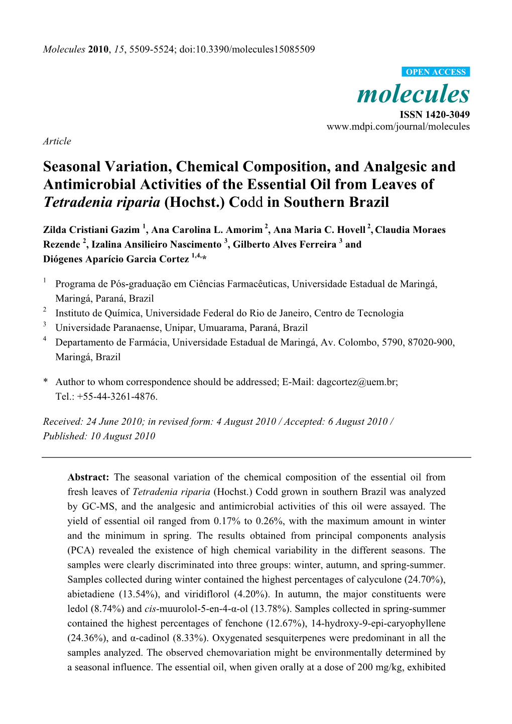 Seasonal Variation, Chemical Composition, and Analgesic And