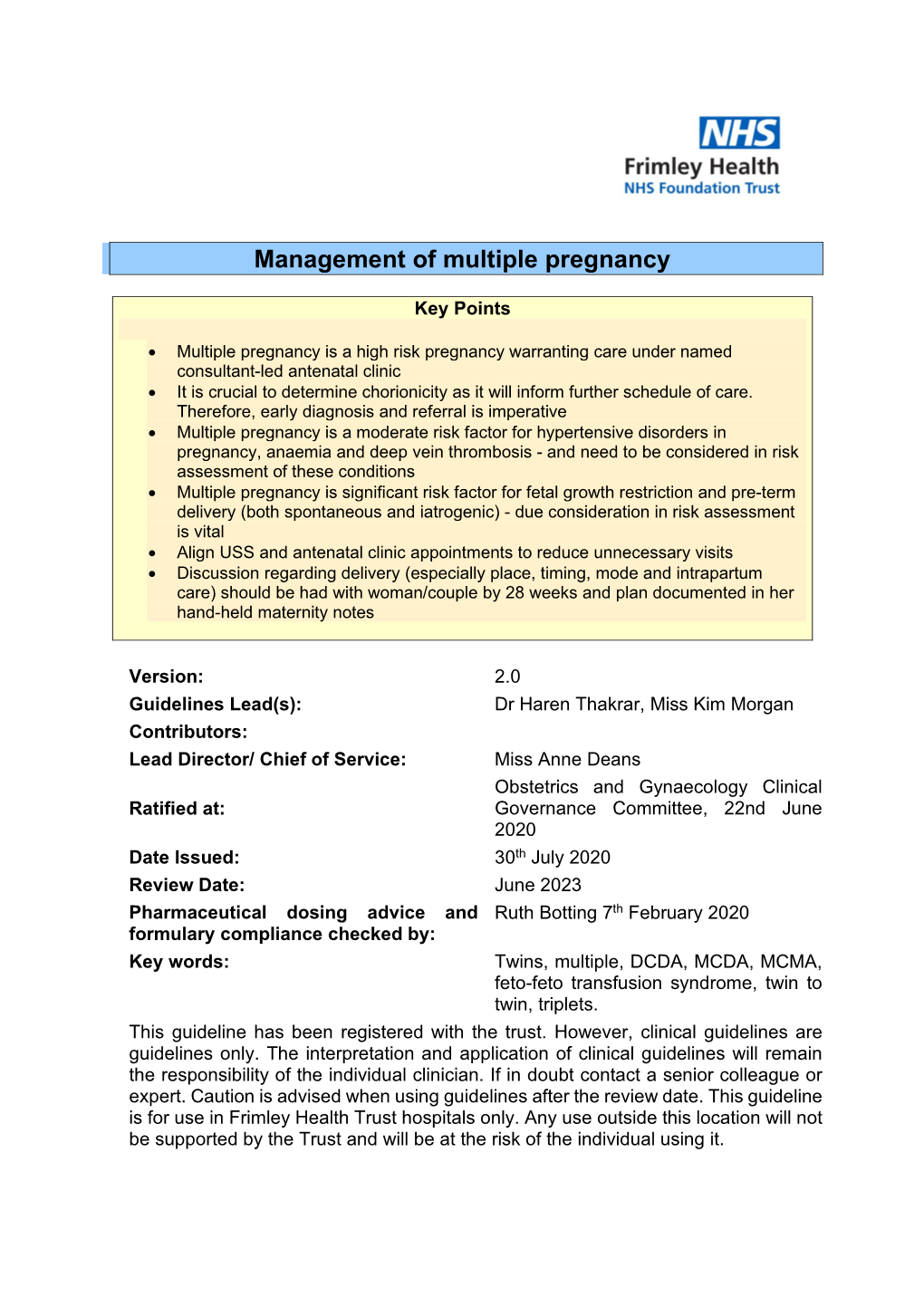 Management of Multiple Pregnancy