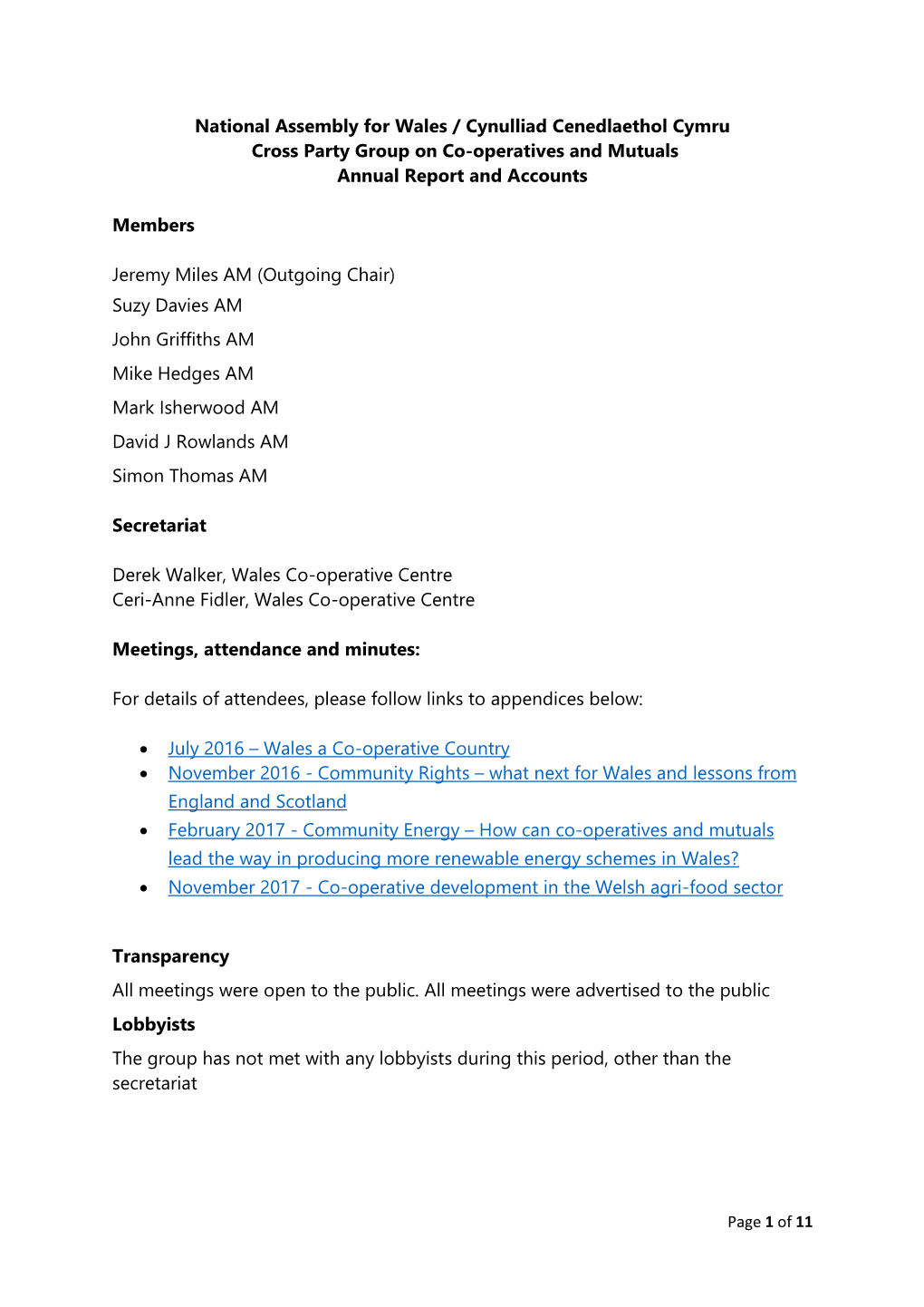 National Assembly for Wales / Cynulliad Cenedlaethol Cymru Cross Party Group on Co-Operatives and Mutuals Annual Report and Accounts