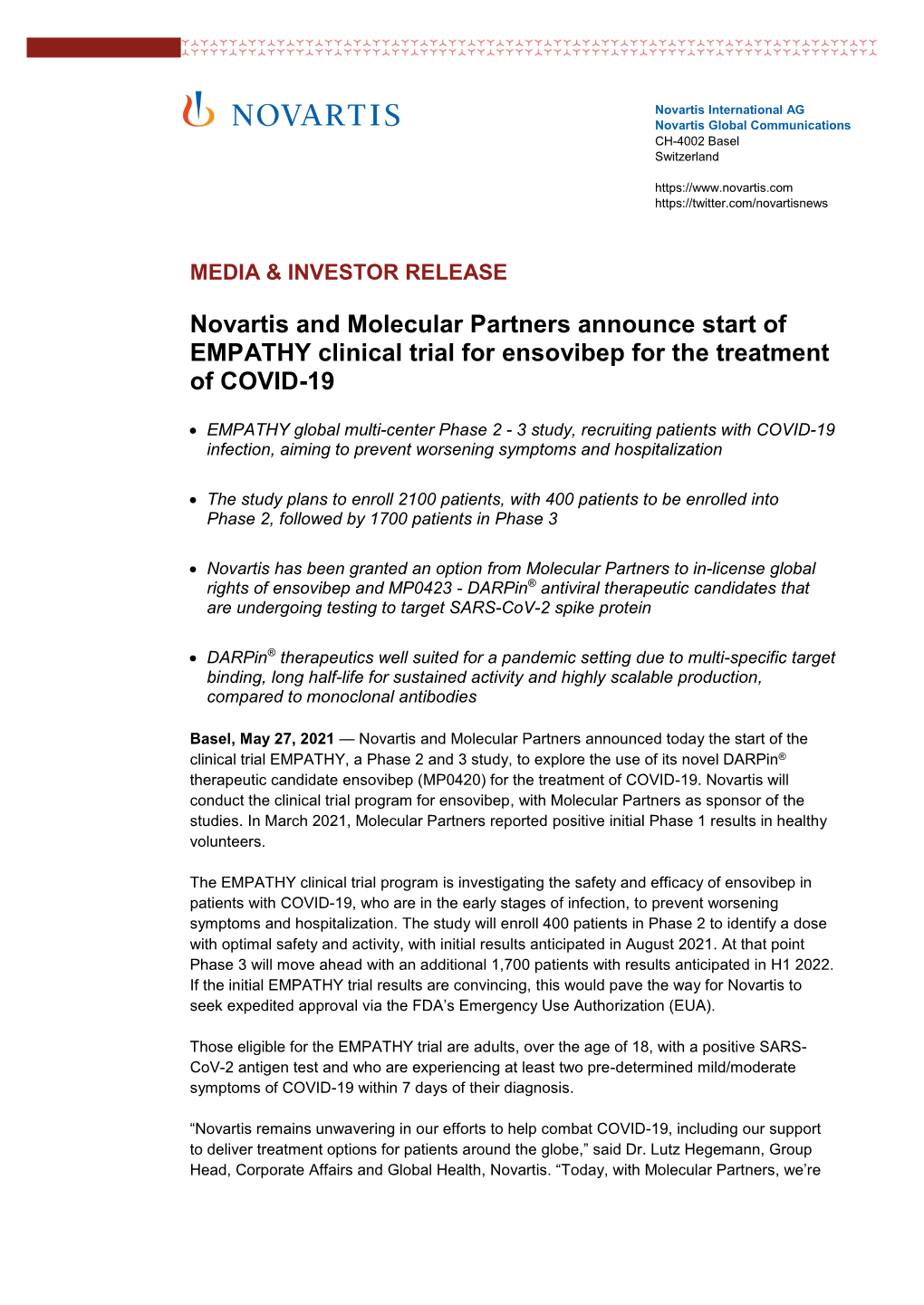 Novartis and Molecular Partners Announce Start of EMPATHY Clinical Trial for Ensovibep for the Treatment of COVID-19