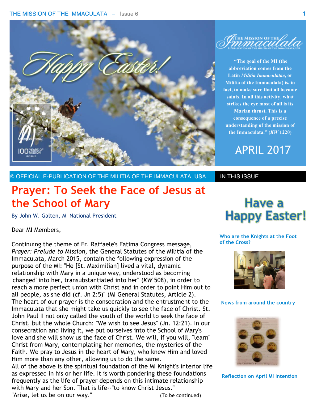 Prayer: to Seek the Face of Jesus at the School of Mary APRIL 2017