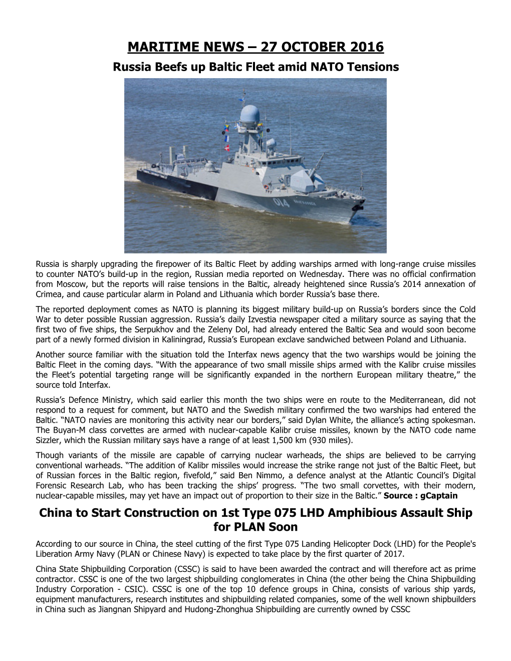 MARITIME NEWS – 27 OCTOBER 2016 Russia Beefs up Baltic Fleet Amid NATO Tensions