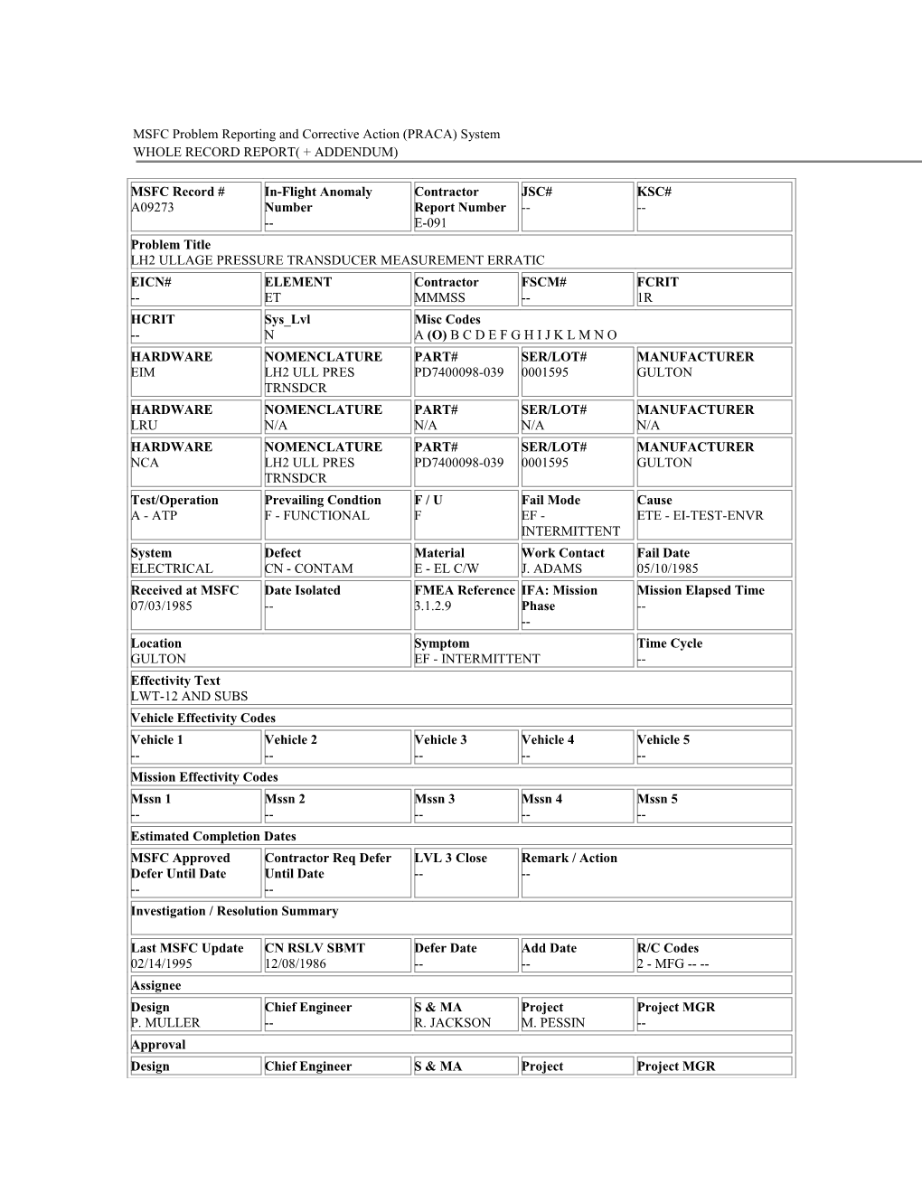 MSFC Problem Reporting and Corrective Action (PRACA) System s6