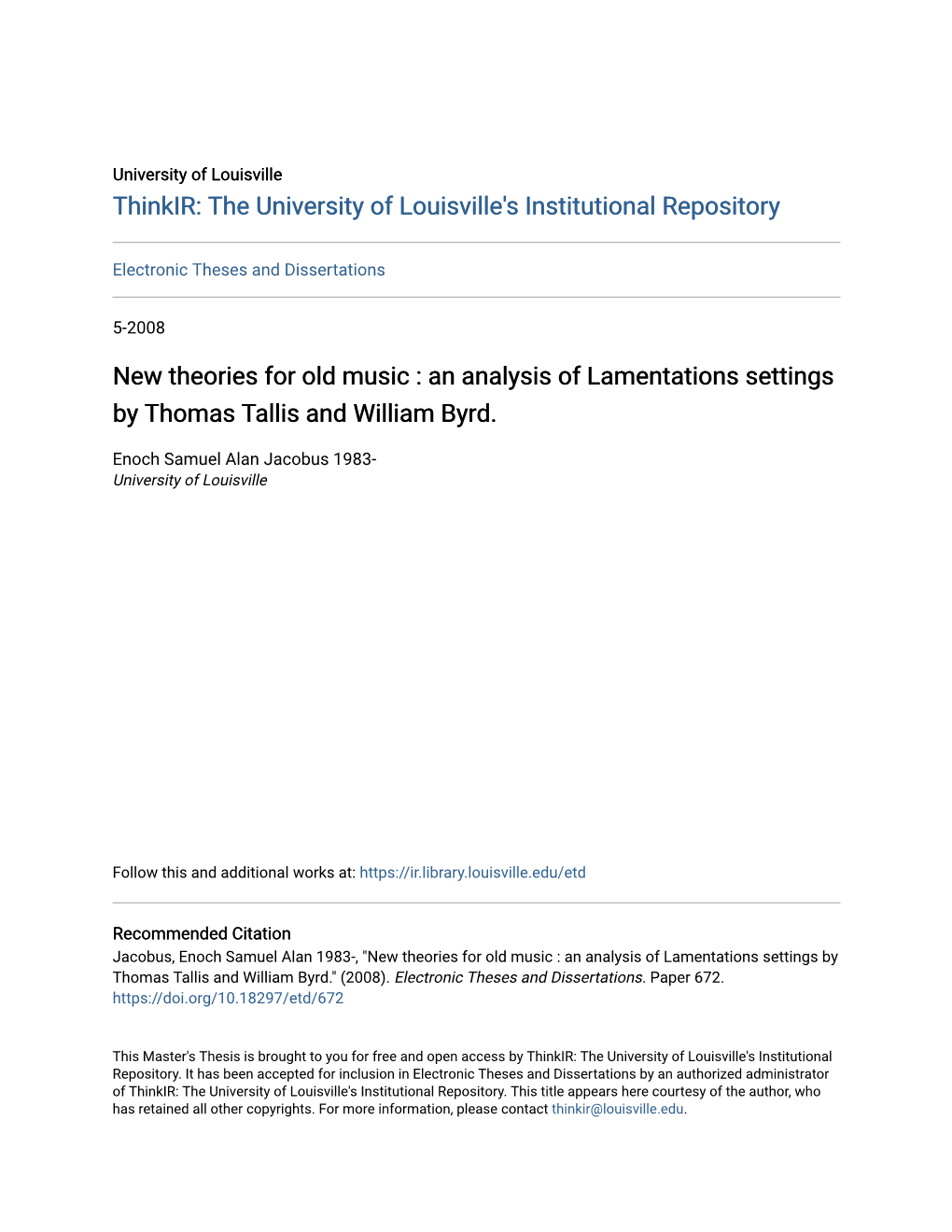 New Theories for Old Music : an Analysis of Lamentations Settings by Thomas Tallis and William Byrd