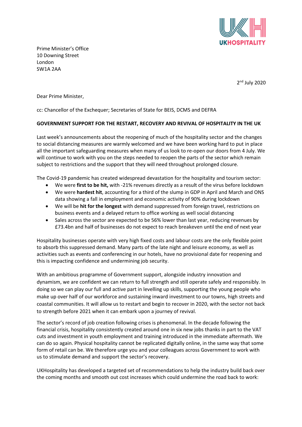 Ukhospitality Letter to the Prime Minister