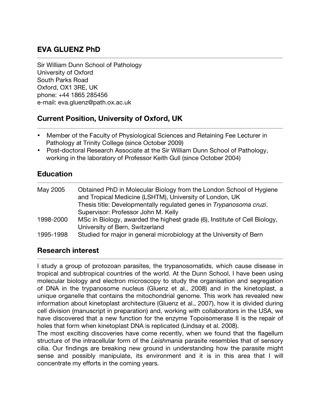 EVA GLUENZ Phd Current Position, University of Oxford, UK Education
