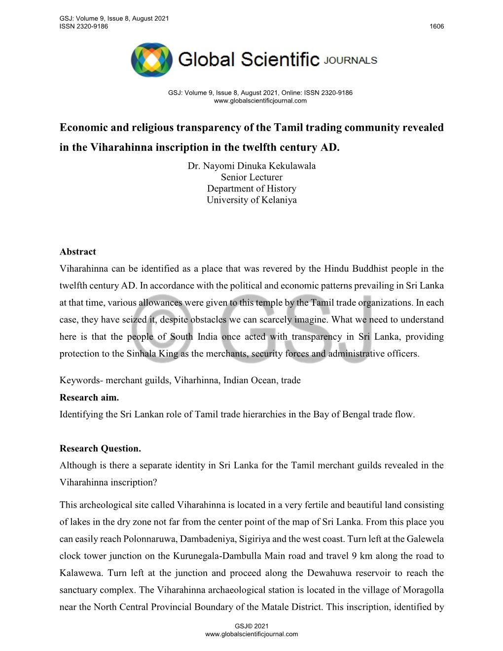 Economic and Religious Transparency of the Tamil Trading Community Revealed in the Viharahinna Inscription in the Twelfth Century AD