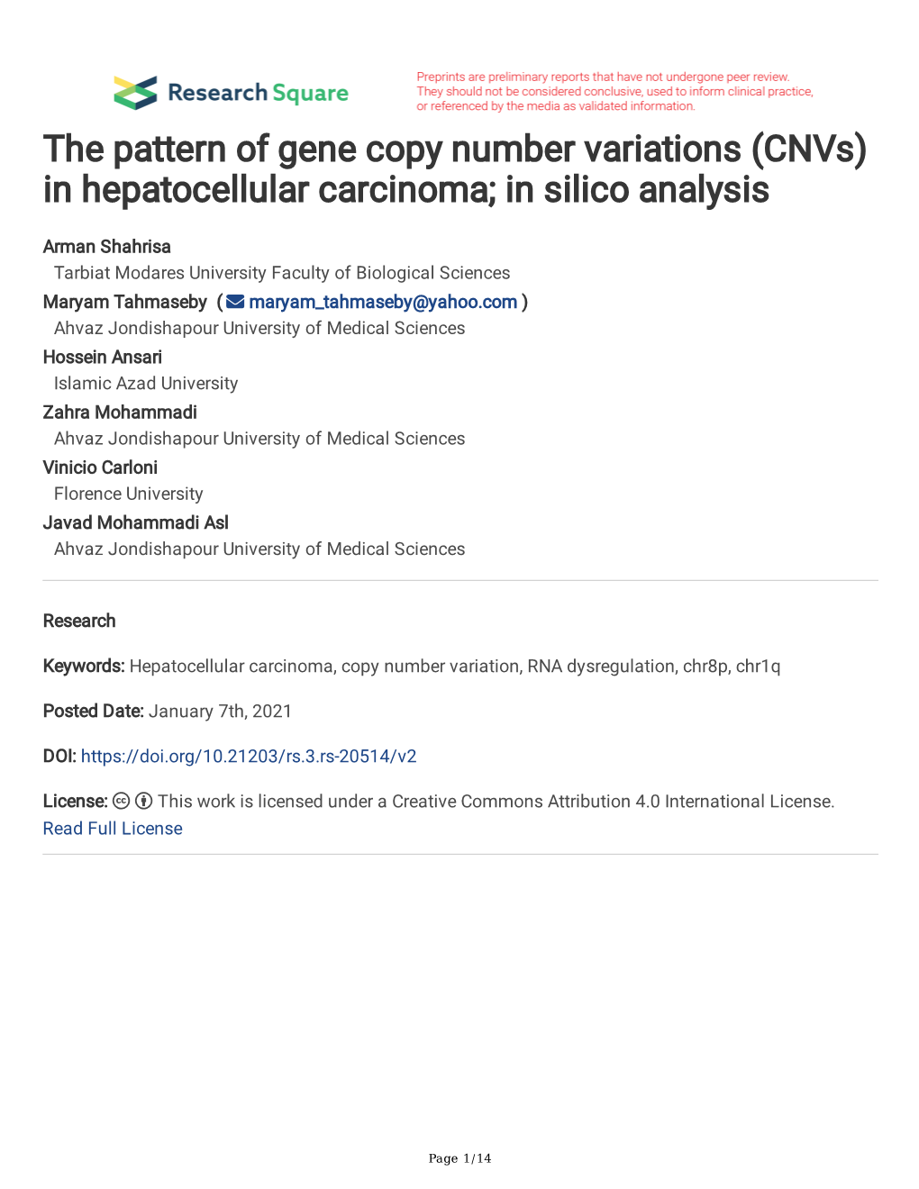 (Cnvs) in Hepatocellular Carcinoma; in Silico Analysis