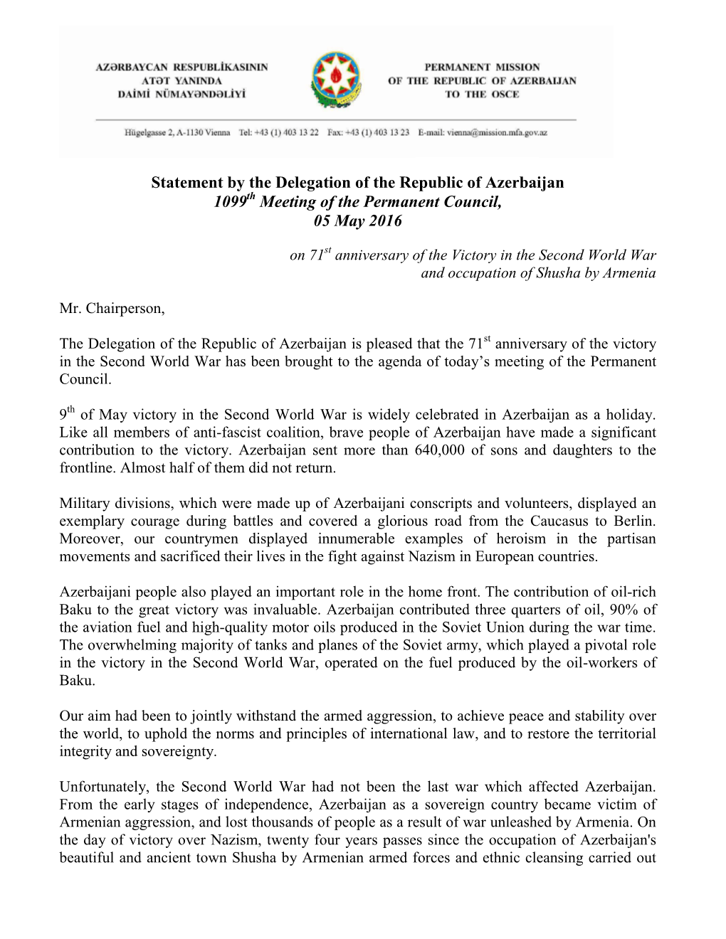 Statement by the Delegation of the Republic of Azerbaijan 1099 05