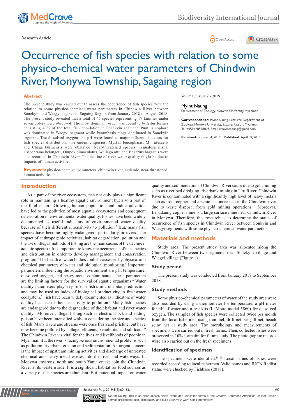 Occurrence of Fish Species with Relation to Some Physico-Chemical Water Parameters of Chindwin River, Monywa Township, Sagaing Region