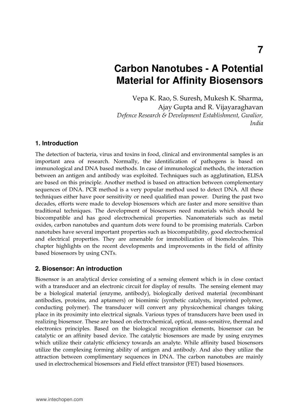 7 Carbon Nanotubes - a Potential Material for Affinity Biosensors