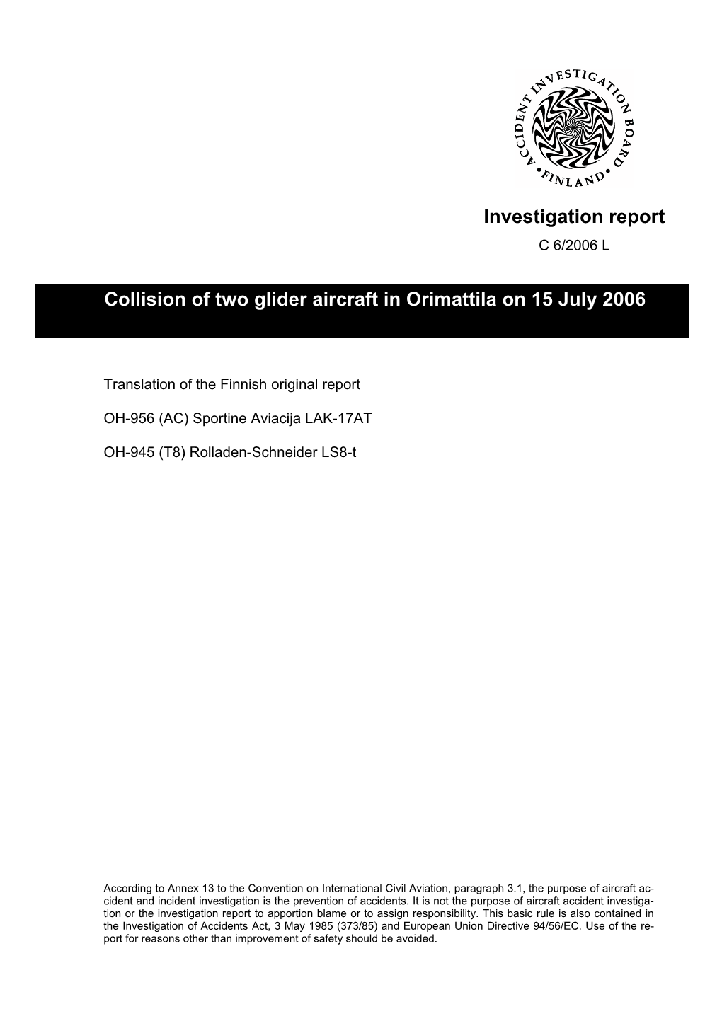 Investigation Report Collision of Two Glider Aircraft in Orimattila on 15