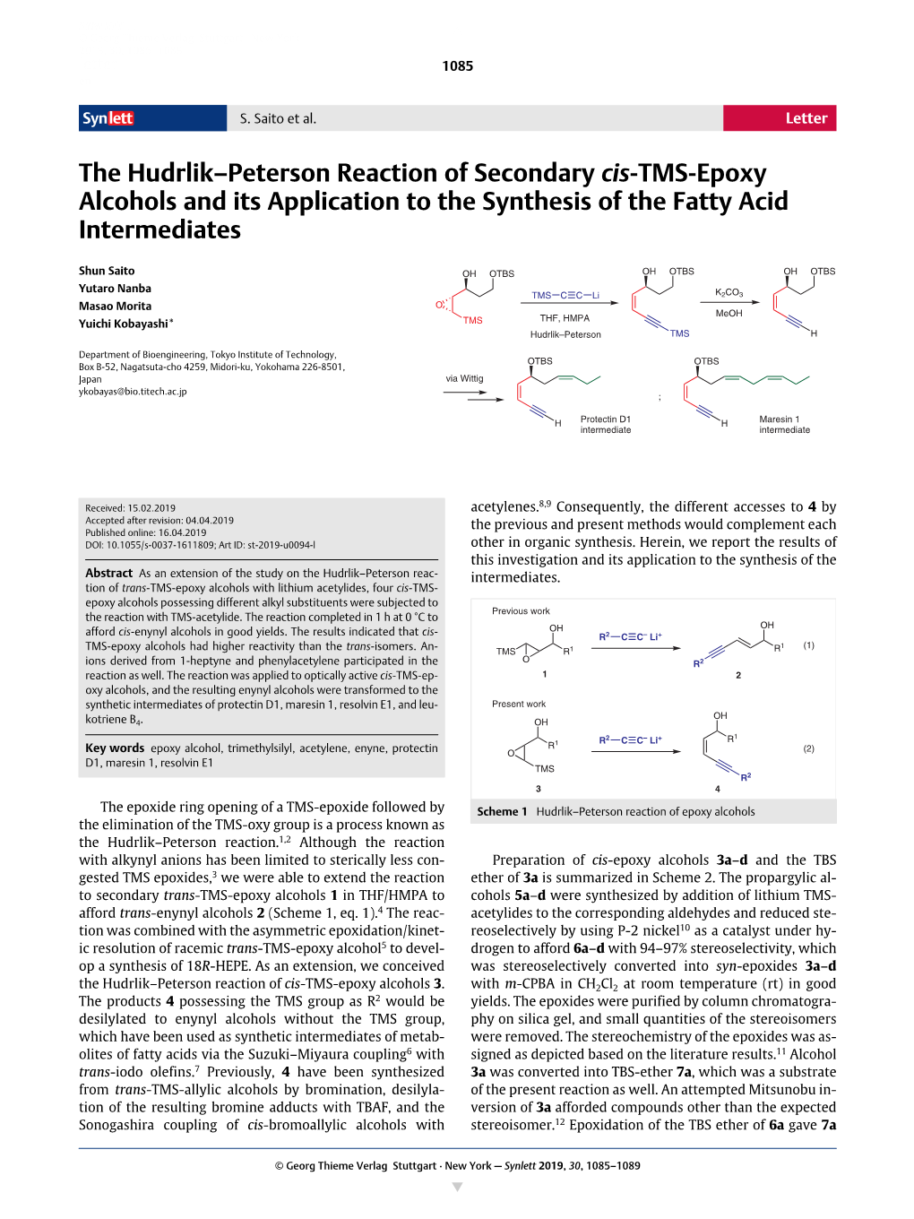 The Hudrlik–Peterson Reaction of Secondary Cis-TMS-Epoxy Alcohols and Its Application to the Synthesis of the Fatty Acid Intermediates