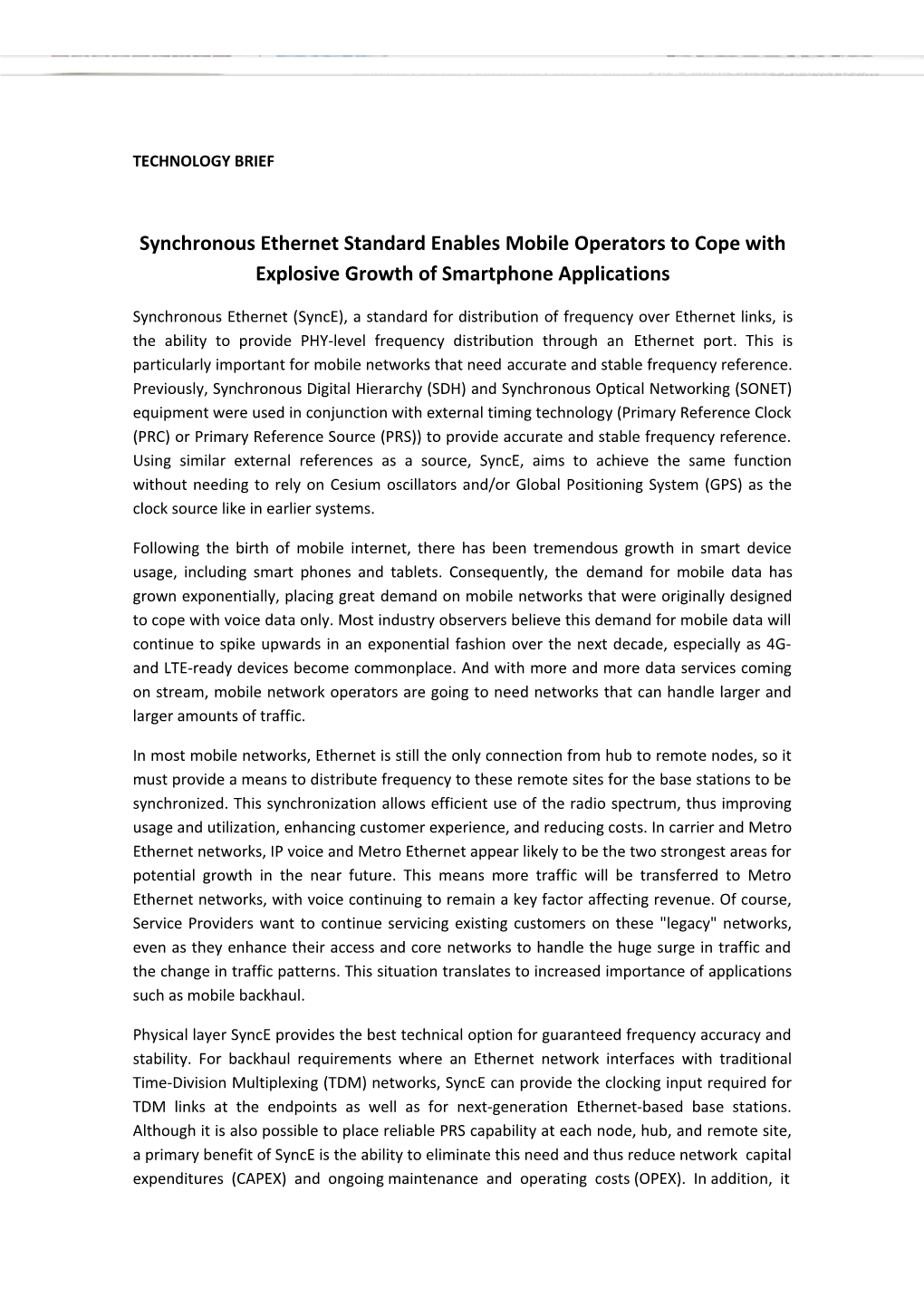 Synchronous Ethernet Technology Brief (Europe)