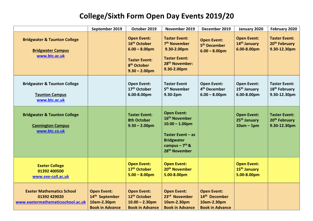 College/Sixth Form Open Day Events 2019/20