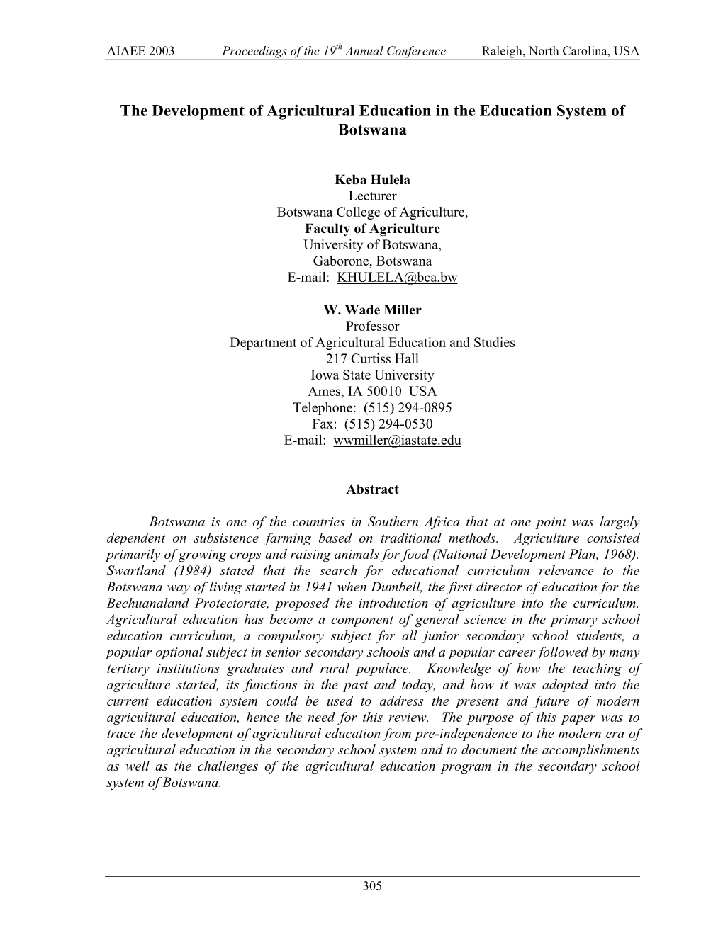 AIAEE 2003 Proceedings of the 19Th Annual Conference Raleigh, North Carolina, USA