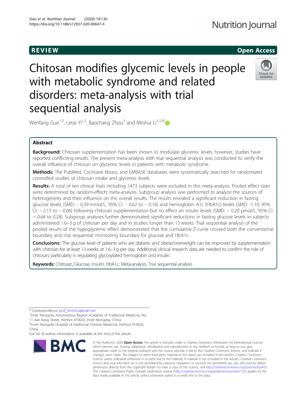 Chitosan Modifies Glycemic Levels in People with Metabolic Syndrome