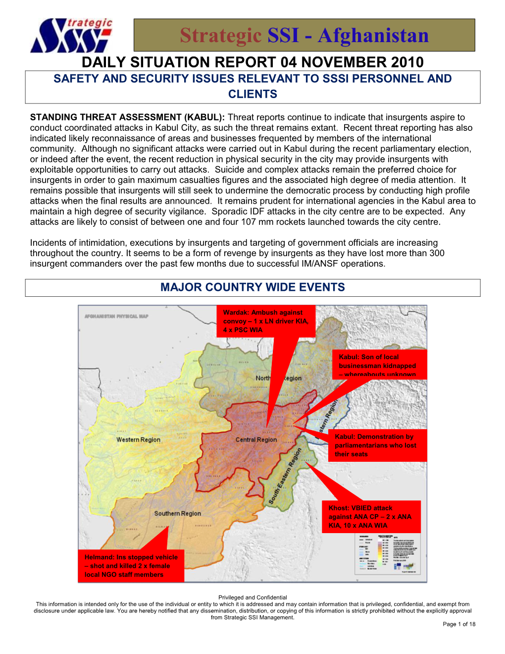 Daily Situation Report 04 November 2010 Safety and Security Issues Relevant to Sssi Personnel and Clients