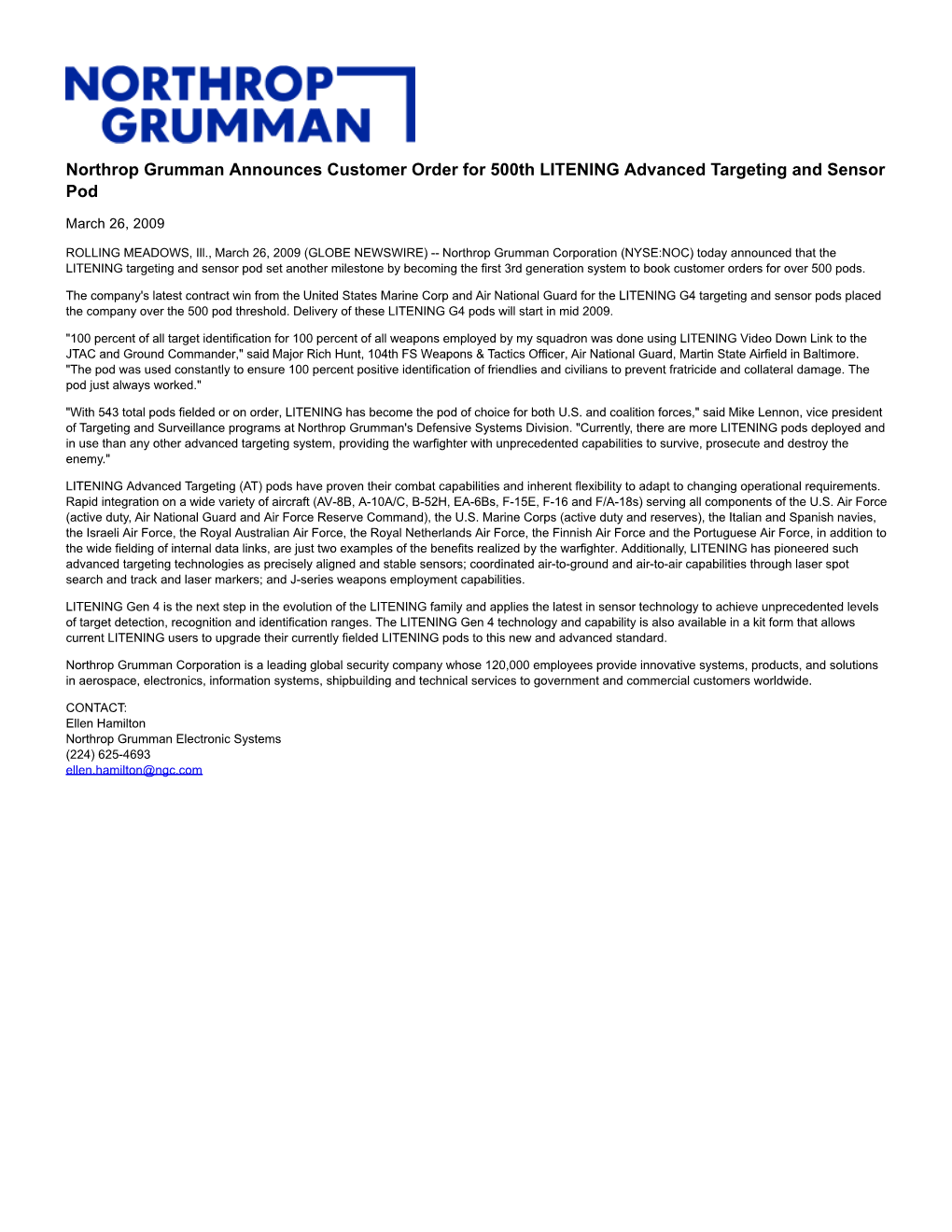 Northrop Grumman Announces Customer Order for 500Th LITENING Advanced Targeting and Sensor Pod