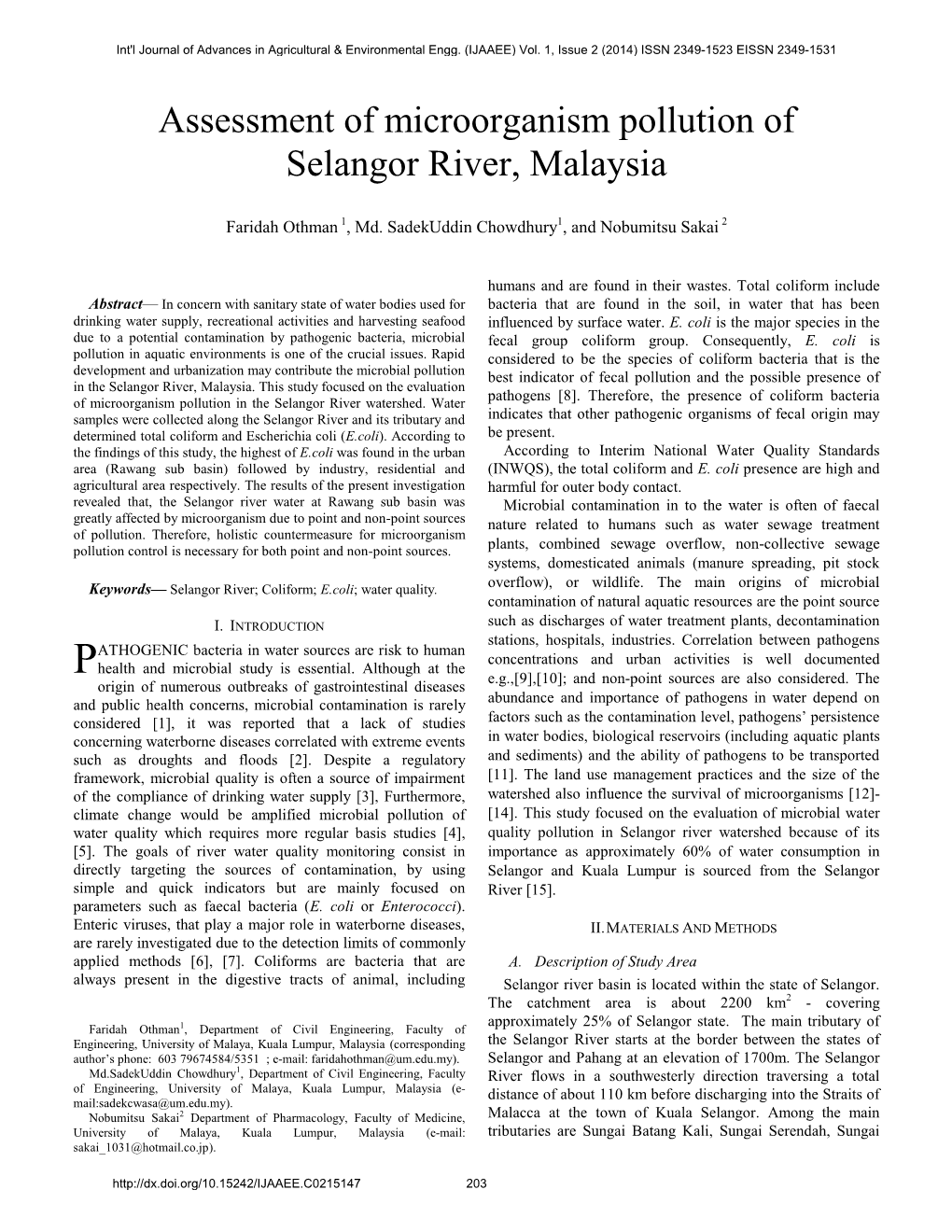 Assessment of Microorganism Pollution of Selangor River, Malaysia