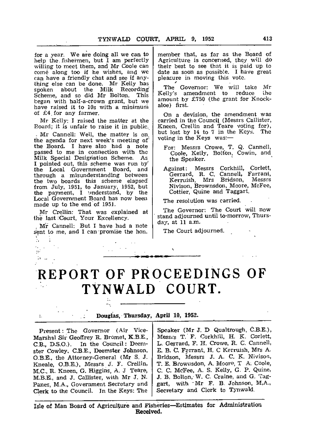 Report of Proceedings of Tynwald Court