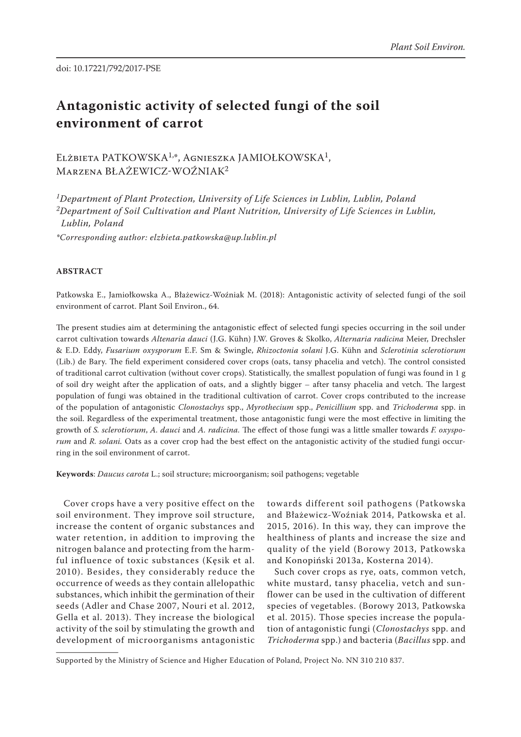 Antagonistic Activity of Selected Fungi of the Soil Environment of Carrot
