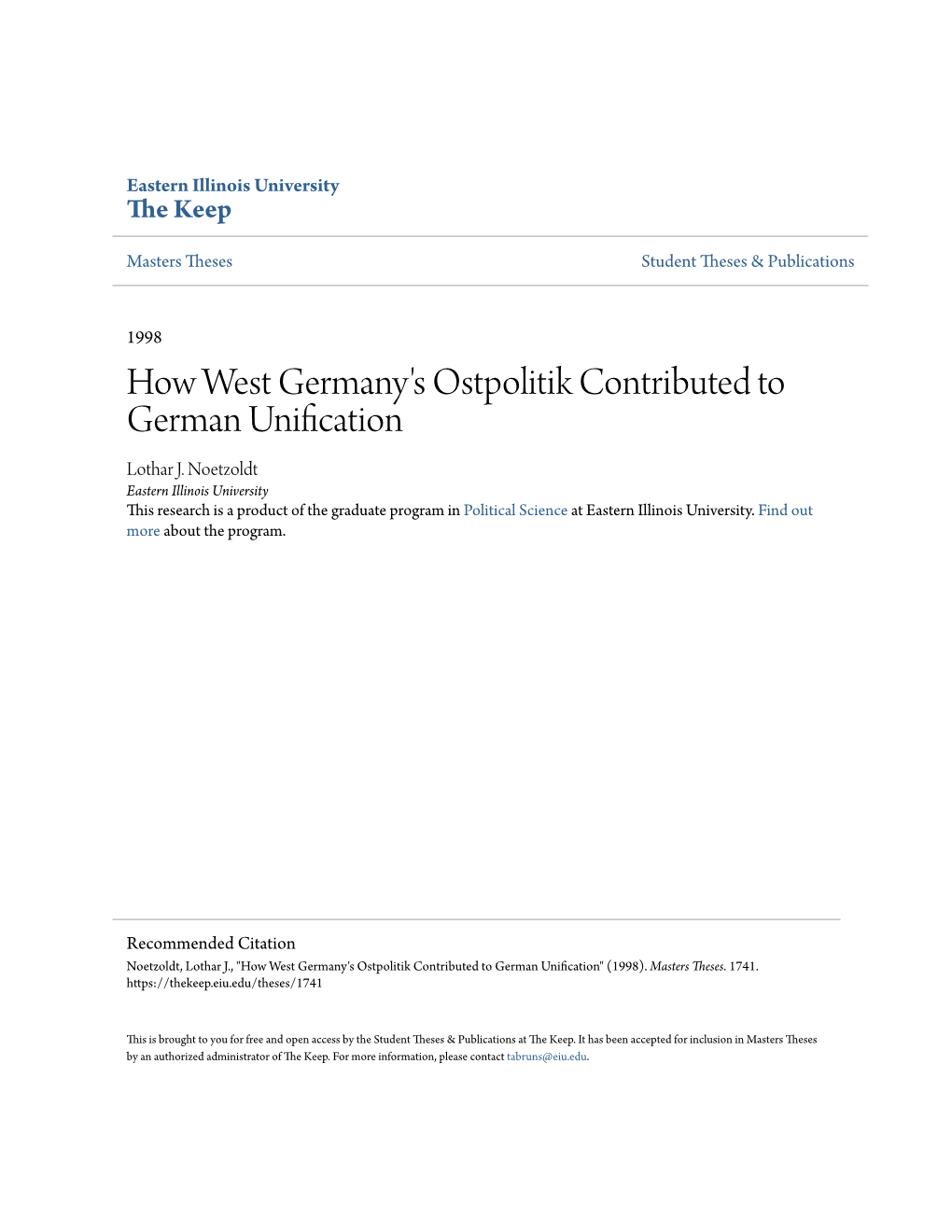 How West Germany's Ostpolitik Contributed to German Unification Lothar J