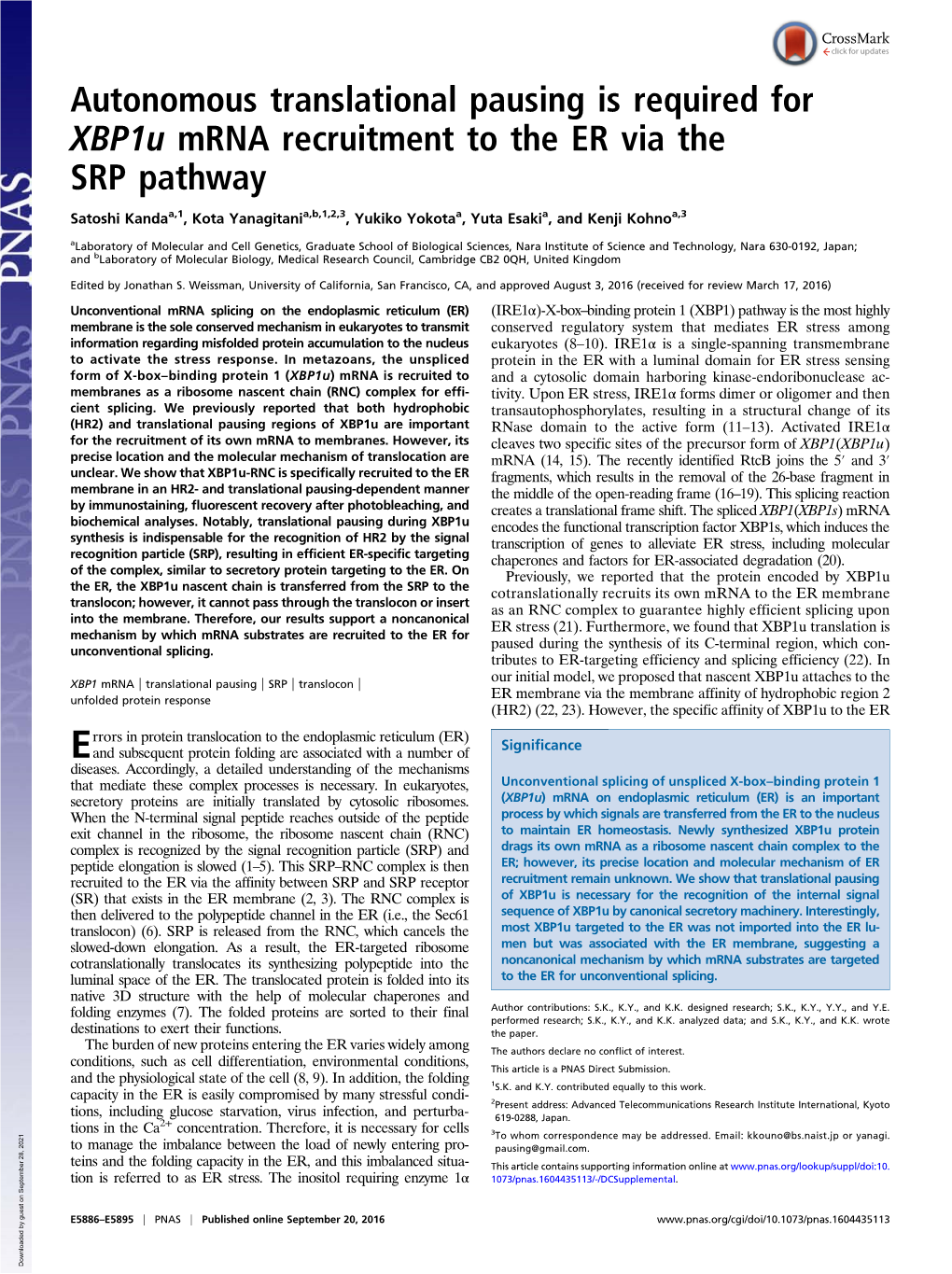 Autonomous Translational Pausing Is Required for Xbp1u Mrna Recruitment to the ER Via the SRP Pathway