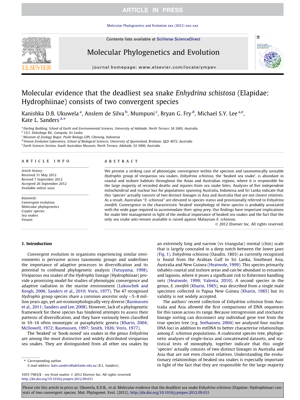 Molecular Evidence That the Deadliest Sea Snake Enhydrina Schistosa (Elapidae: Hydrophiinae) Consists of Two Convergent Species