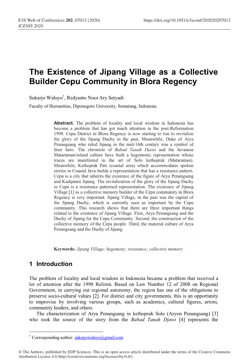 The Existence of Jipang Village As a Collective Builder Cepu Community in Blora Regency