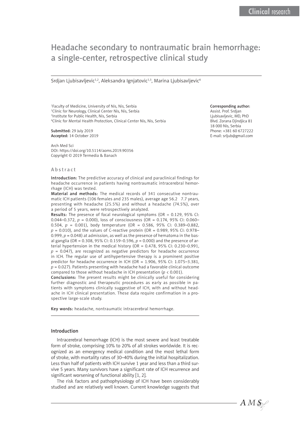 Headache Secondary to Nontraumatic Brain Hemorrhage: a Single-Center, Retrospective Clinical Study