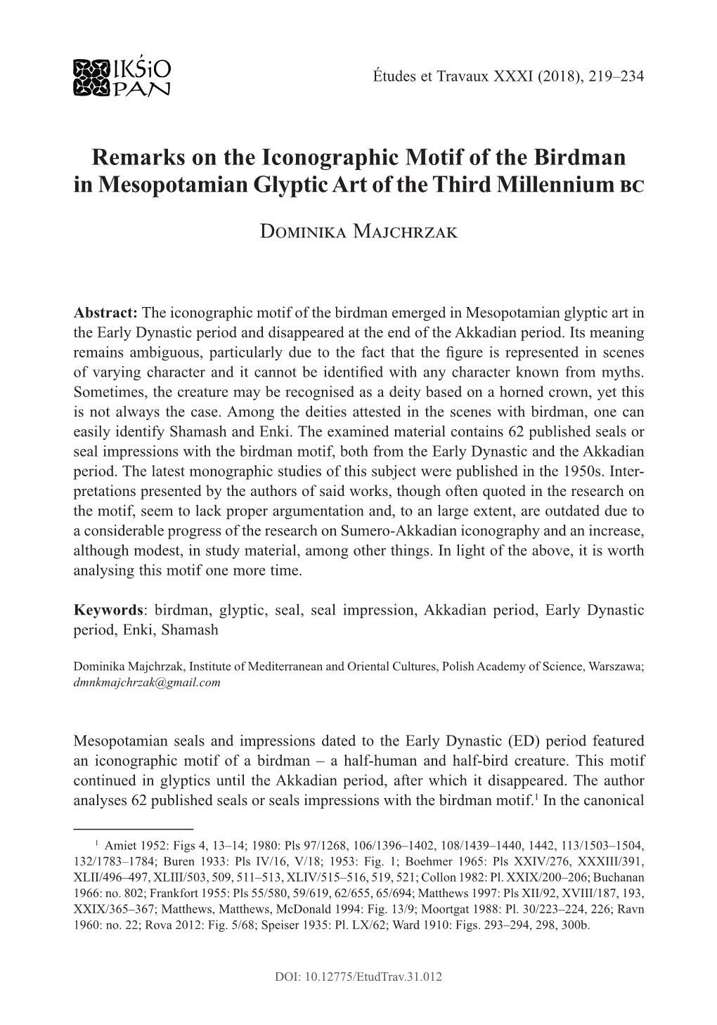 Remarks on the Iconographic Motif of the Birdman in Mesopotamian Glyptic Art of the Third Millennium 