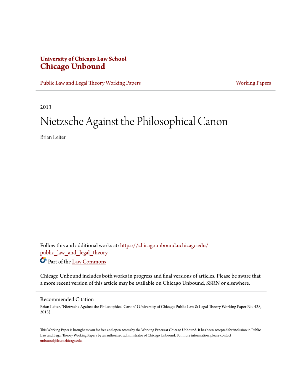 Nietzsche Against the Philosophical Canon Brian Leiter