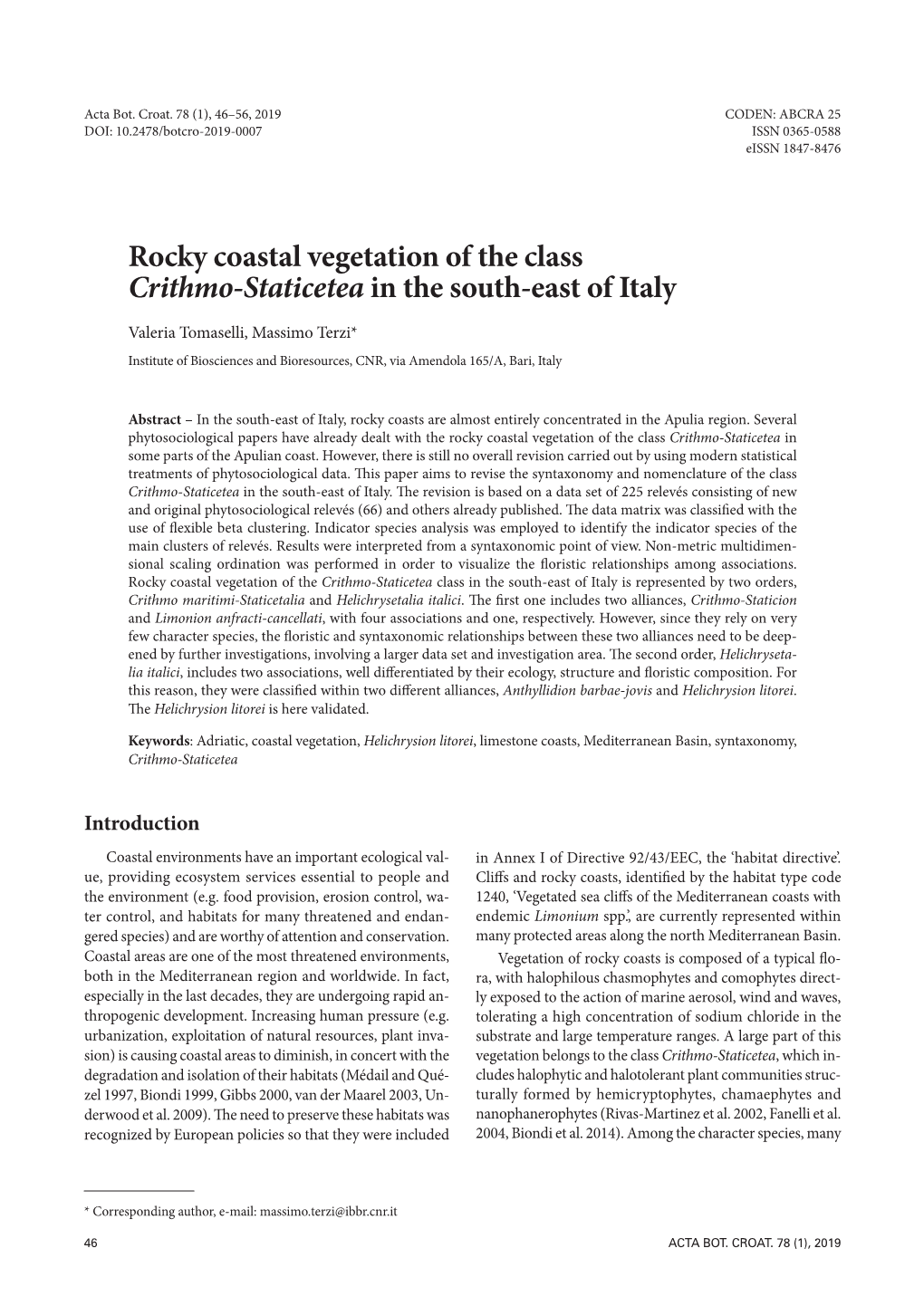 Rocky Coastal Vegetation of the Class Crithmo-Staticetea in the South-East of Italy